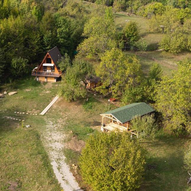 Cabană A-frame văzută din față